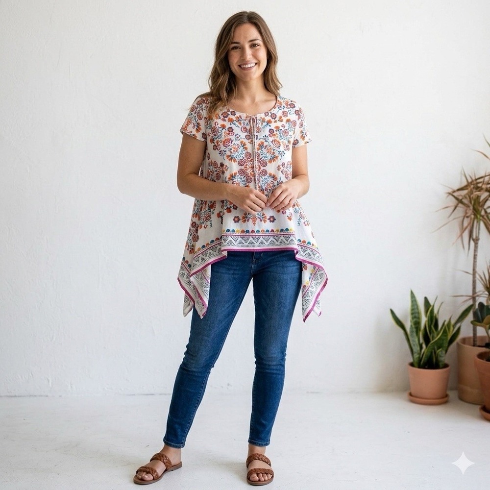 Fusion‎ Women's Handkerchief Hem Top Boho Floral Medallion Blouse White Size L